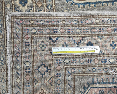 11 Ft Gray Kazak Afghan Hand Knotted Geometric Wool Runner Rug
